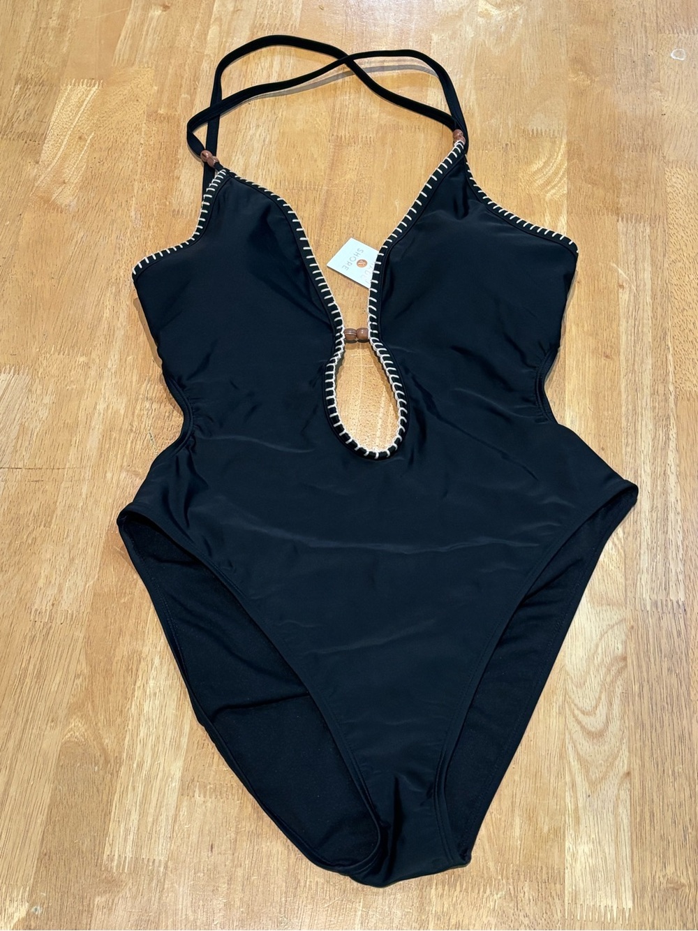 Shade & Shore black plunge neck one piece swimsuit 12-14 NWT
